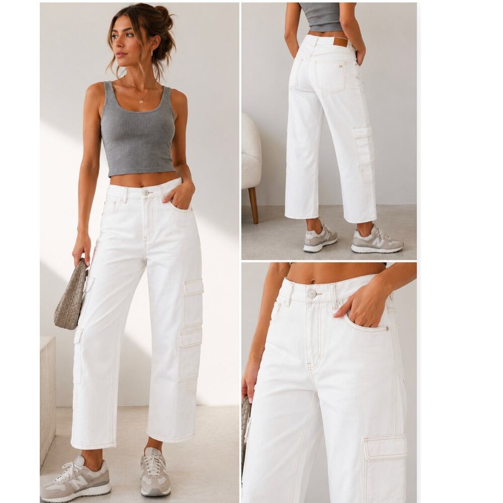 American Eagle Super High Rise Baggy Straight Cargo Jeans White Size 8 Short